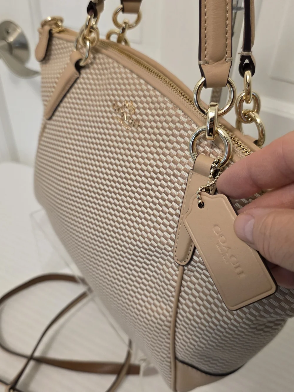 EC Coach Kelsey Beige Jacquard Print Satchel/Crossbody Bag F57244